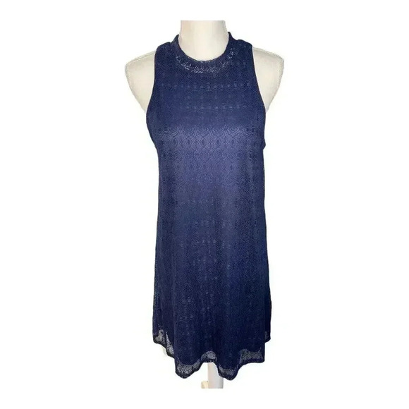 Francesca’s Mock Neck Lace Dress Navy Blue Size Medium Knee Length‎ Sleeveless - Picture 1 of 4